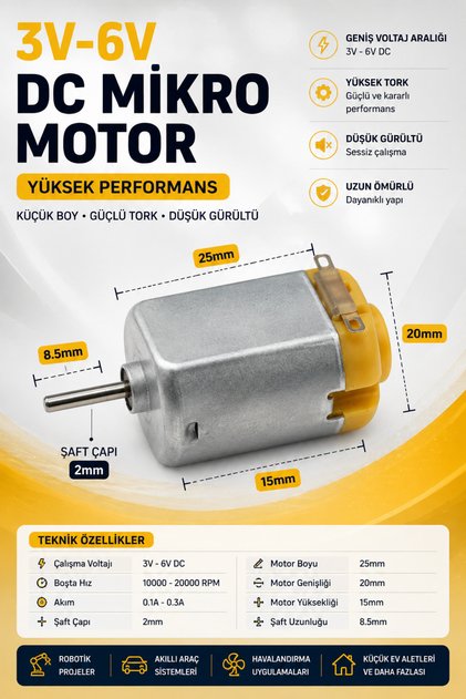 130 Tipi DC Mikro Motor 3V-6V – 2 mm Milli Yüksek Hızlı Mini Motor
