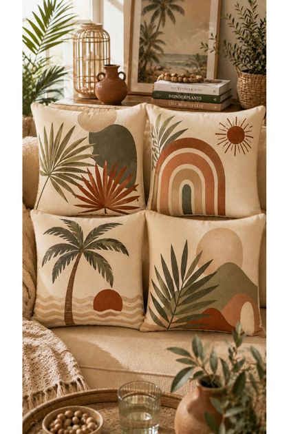 Palm Tree Patterned 4-Piece Throw Pillow Cover 43X43 cm Suede Fabric Beige Tile Decorative Pillow Cover (Double-Sided Printed)