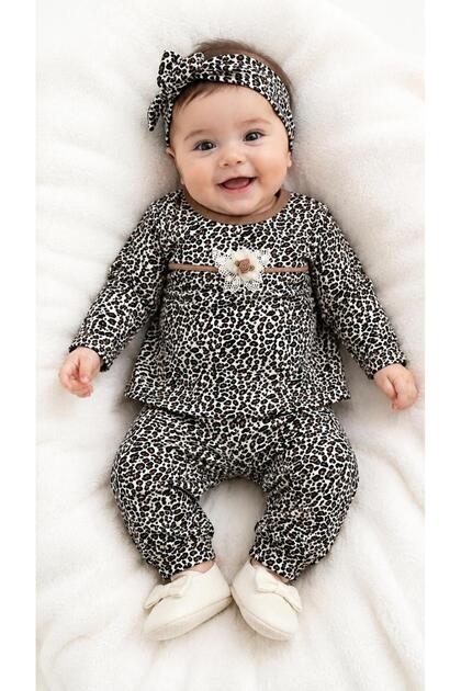 Baby Girl Leopard Patterned 3-Piece Top and Bottom Set with Headband 3-12 Months