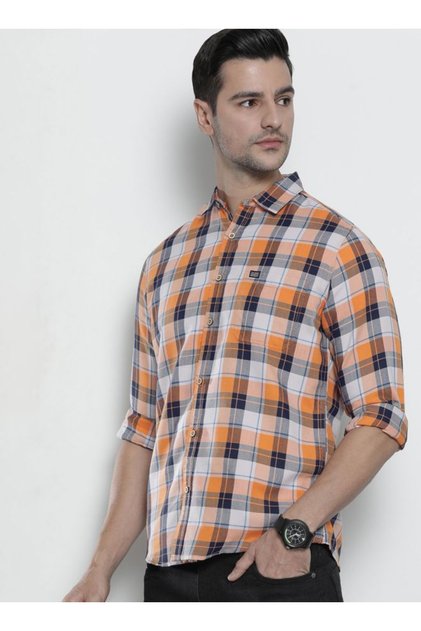 Men Orange Checkered Slim Fit Shirt