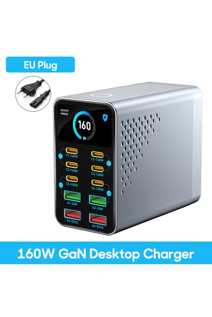 EU Plug 160W GaN Charger 10-IN-1 140W PD3.1 PPS USB Type C Digital Display Fast Charging Station for
