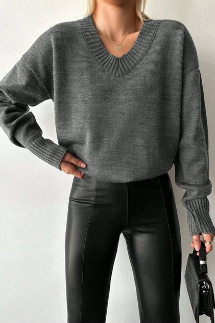 Women's V-Neck Knit Sweater – Oversize, Long Sleeve