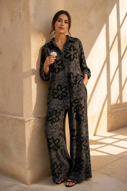 Women's Mink Floral Embroidered Embossed 2-Piece Set Shirt and Pants