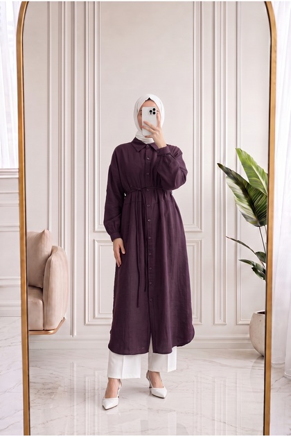 Pakize Shirt Collar Slit Long Tunic-Ek1006 Plum