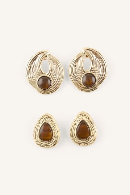 Women's Stone Detailed Geometric 2-Piece Earring Set I4272Axns