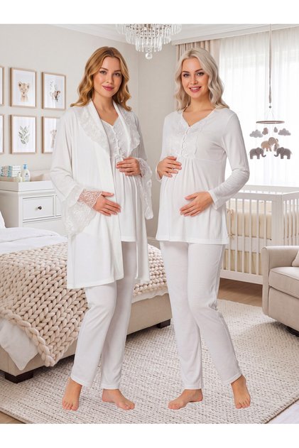 New Season Ecru Velvet Winter Special Design Long Sleeve Maternity Pajama Set with Easy Breastfeeding Feature