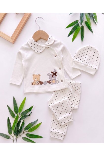 Baby Girl Polka Dot Teddy Bear Printed Hat 3-Piece Newborn 0-3 Months 100% Cotton Bodysuit Set
