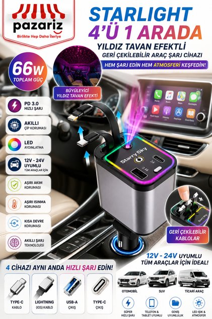 66W 4’ü 1 Arada Starry Sky Araç Şarj Cihazı – Geri Çekilebilir Type-C & Lightning Kablo, USB-A, PD 3.0 Hızlı Şarj, RGB LED Yıldız Tavan Projektörü, 12V-24V Uyumlu Çoklu Şarj Adaptörü