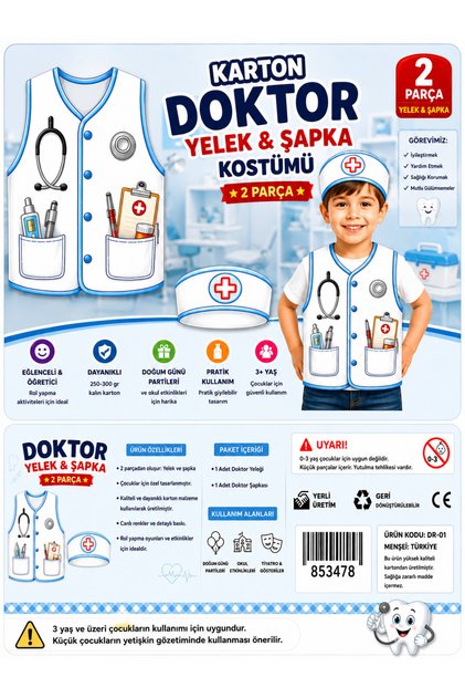 Çocuk Doktor Kostümü Yelek ve Şapka 2 Parça Kalın Kağıt Meslek Kostümü Okul Etkinliği