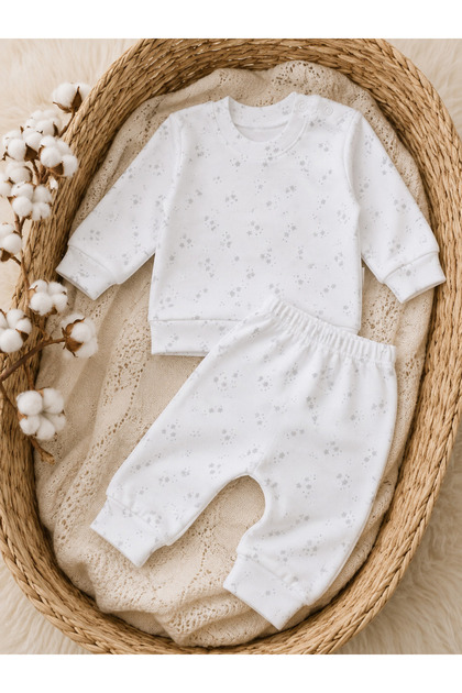 Soft Textured Star Patterned Baby Set Long Sleeve Top and Bottom Set