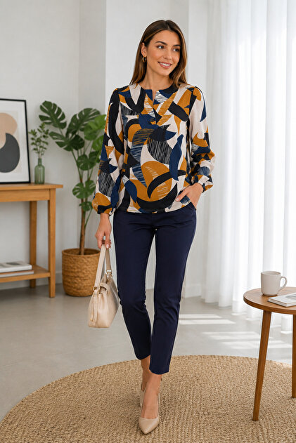Women's Geometric Patterned V-Neck Long Sleeve Blouse