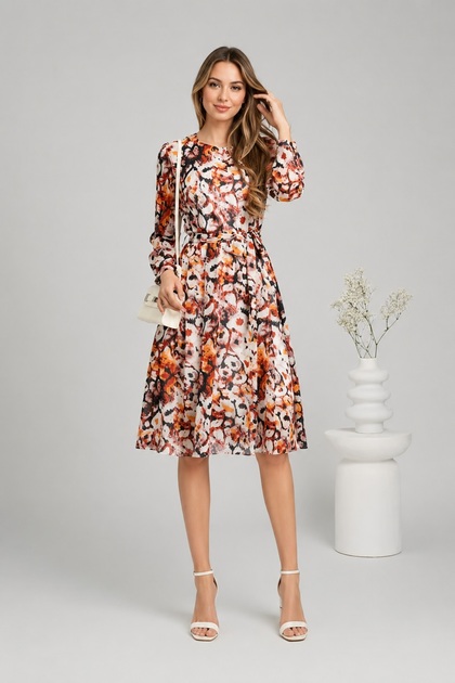 Ro25-106 - Rochie damă midi cu imprimeu floral și talie evidențiată