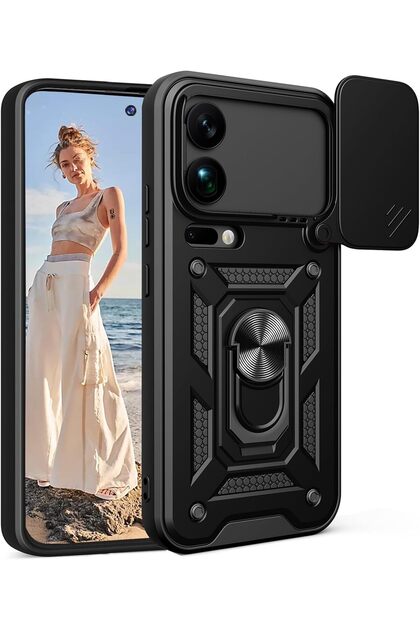 Mi 17 Pro Compatible (Pro Max Not Compatible) Camera Protected Cover with Sliding Ring Stand