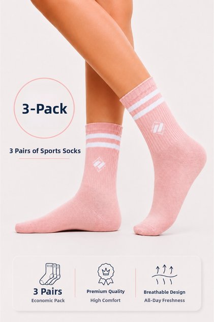 Icone Unisex Dusty Pink Sports Socks, Long Sports Socks, Sports Socks, Socks, Pink Socks, Set of 3 Socks, Pink Tennis Socks, Pink Tennis Sock