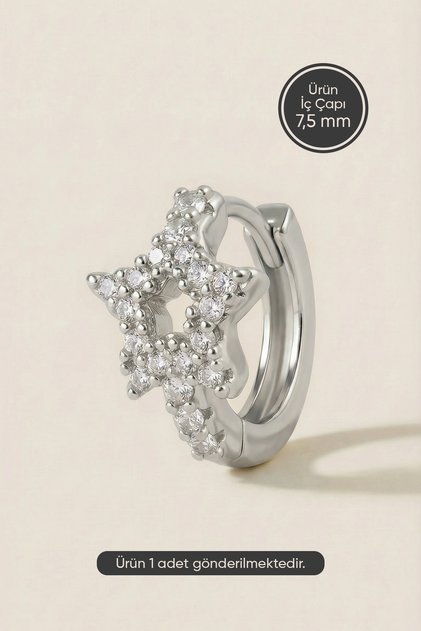 Gümüş Renkli Cerrahi Çelik Büyük Yıldız Zirkon Taşlı Halka Piercing – Helix, Kıkırdak, Lobe