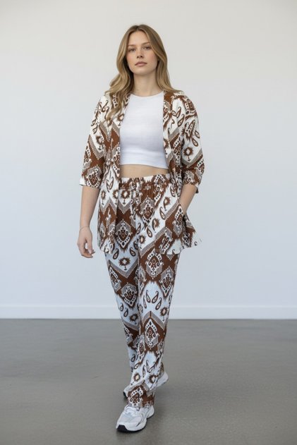 Women's Brown Drop Patterned Kimono Wrap Top and Bottom Set