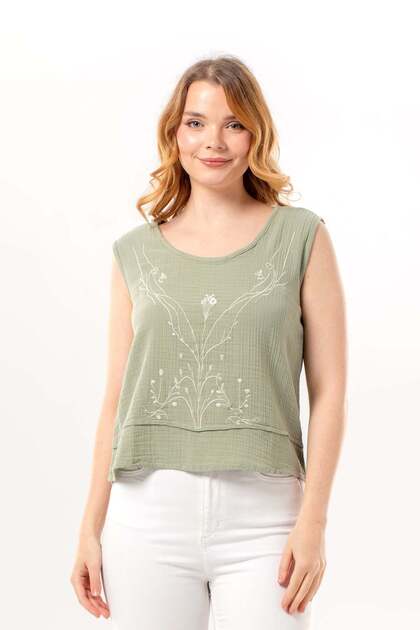 Sleeveless Cunda Crew Neck Summer Embroidered Muslin Blouse Olive Green Zytnysl