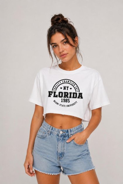 Women's Loose Fit T-Shirt Florida Printed Crop T-Shirt - White