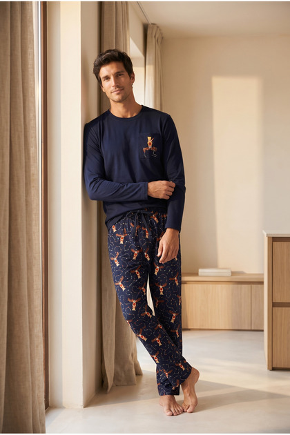 Men's Deer Patterned Boxed New Year's Pajama Set Navy Blue