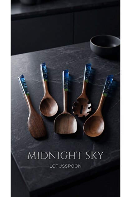 Midnight Sky Serisi El Yapımı Akasya Ağacı 5 Parça Pişirme, Servis, Kaşık ve Spatula Seti