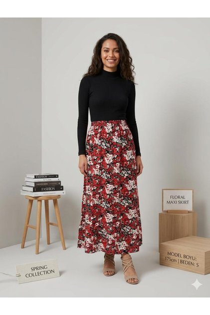 Women's Floral Patterned Summer Buttoned Long Skirt / Hijab Skirt