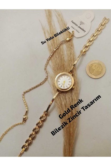 Gold Color Chain Cord, Bracelet .Design, Vintage Round Model - White Dial Women's Wristwatch - with Waterway Bracelet