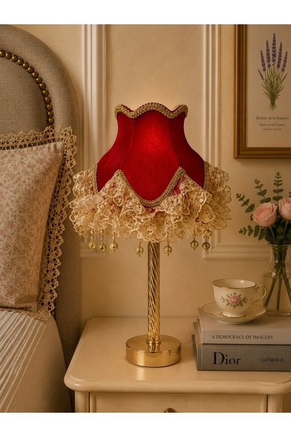Kadife Kaplı El Yapımı Klasik Model Abajur Vintage