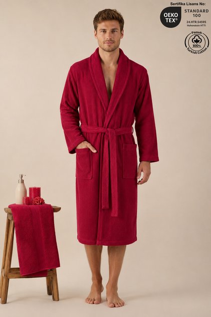 Men's Bathrobe 100% Cotton Certified 2-Piece Shawl Collar Striped Burgundy Bathrobe and Head Towel Set