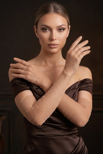 Mănuși lungi din plasă cu pietre, rochie de seară de culoarea pielii, petrecere de seară, promisiune, henna, logodnă, absolvire