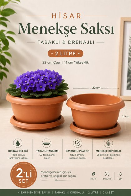 2'li Hisar Menekşe Saksısı Seti 2 Litre (22cm) Tabaklı ve Drenaj Delikli Plastik Saksı