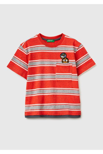 Boy's Red Mix Patch Detailed Striped Crew Neck T-Shirt with Pockets