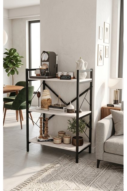 Coffee Corner Table for Display and Storage, Side Table with Three Wood Shelves and Metal Frame