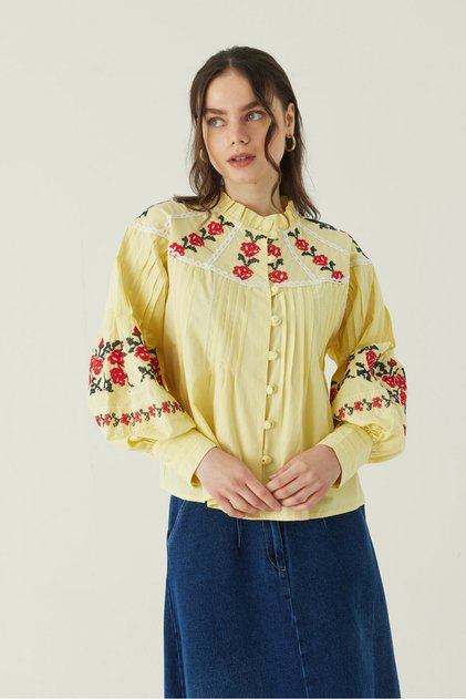 Ruffle Collar Embroidered Shirt Yellow