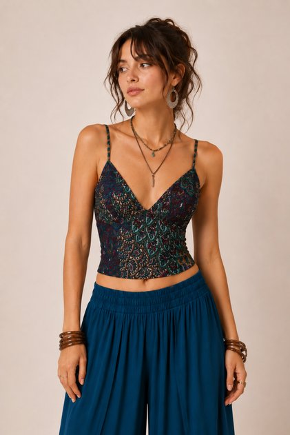 Desenli V Yaka Askılı Crop Top Turkuaz