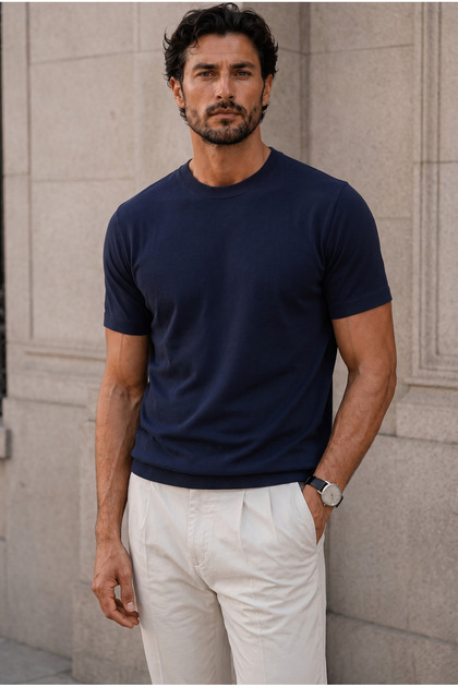 Kwon Crew Neck Basic Short Sleeve Slim Knitwear Men's T-Shirt - Navy Blue