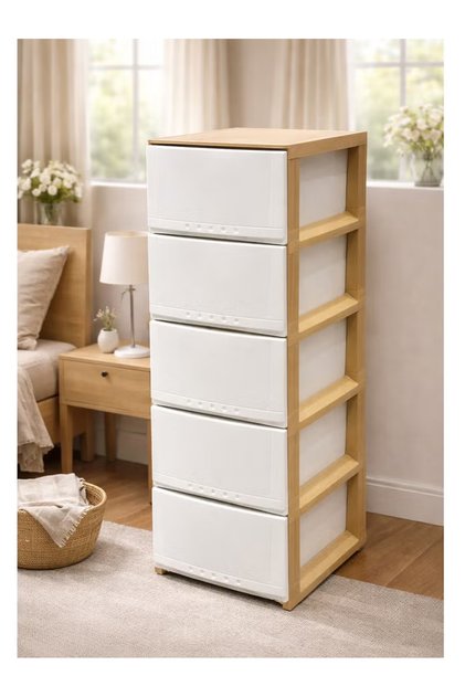 5-Tier Plastic Storage Stairs Shelf Multi-Use 42X34X104 cm Beige White
