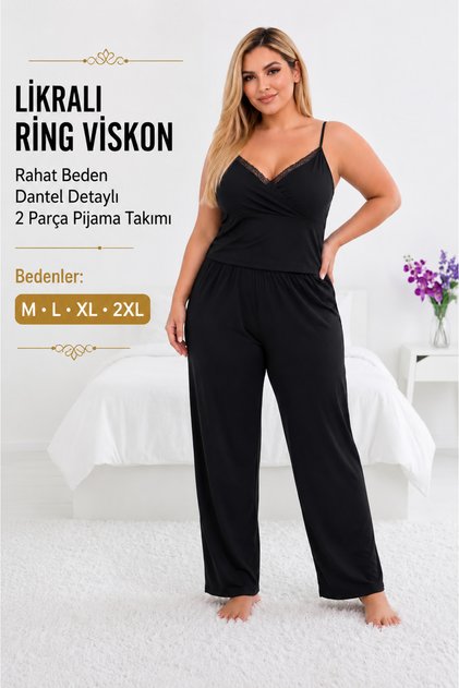 Lycra Ring Viscose Comfortable Size Lace Detailed 2 Piece Pajama Set