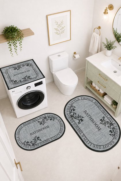 Modern 3 Parça Banyo Paspas Seti Kaymaz Tabanlı Makinede Yıkanabilir Banyo Halısı Takımı ve Çamaşır Makinesi Matı