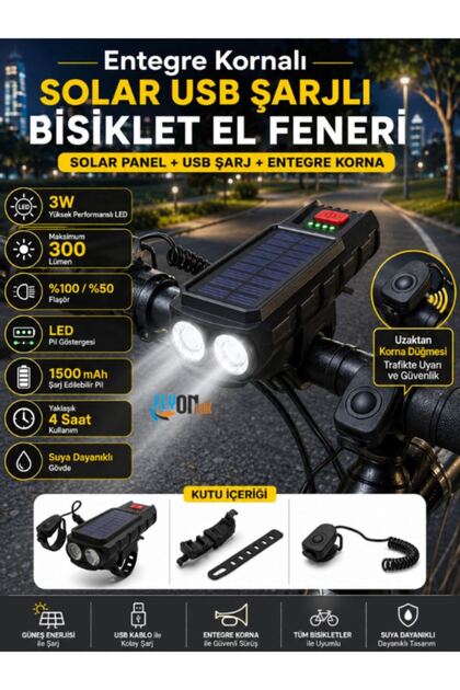 FLYONLOOK Solar USB Şarjlı Kornalı Bisiklet Farı 300 Lümen LED