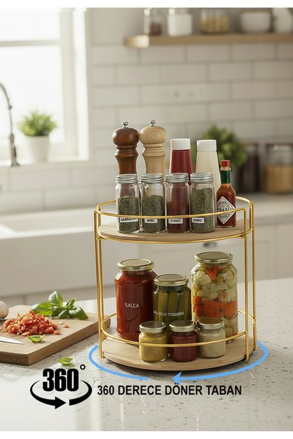 360 DERECE DÖNER İKİ KATLI BAMBU MUTFAK DOLAP ORGANİZERİ - GOLD 25 CM ÇAP