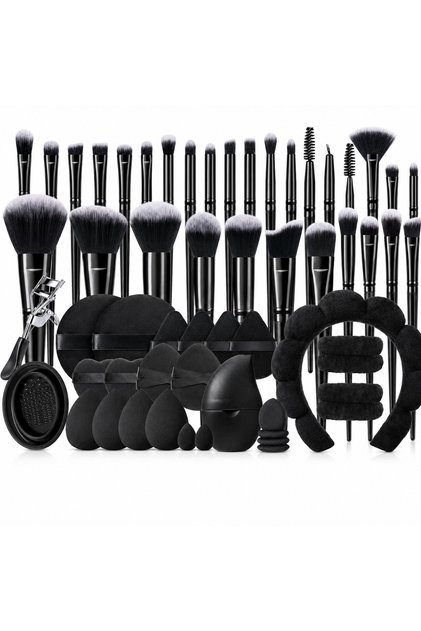 56Pcs Makeup Tool Set with Brushes, Sponges, Puffs, Headband, Eyelash Curler, Black