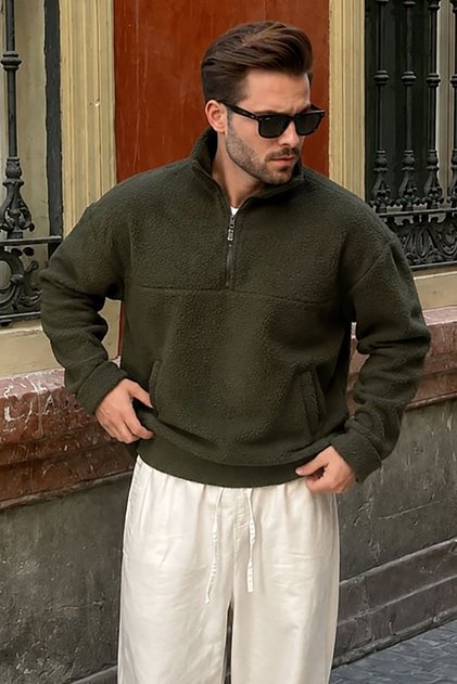 Khaki Half Zipper Stand Collar Fleece Sweatshirt E7165