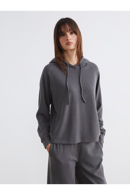 Gray Corded Fabric Lace-Up Women's Hoodie