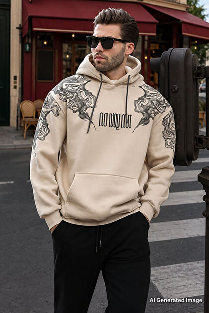 Beige Hooded Pocket Detailed Printed Men's Sweatshirt 7052