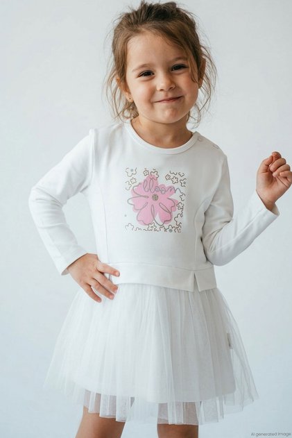 Girl's Long Sleeve Dress with Floral Print Tulle, Ages 2-6, Ecru