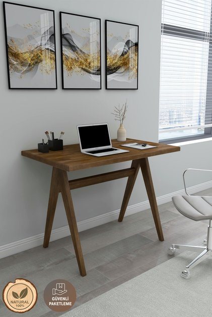 Polo Masif Ahşap Çalışma Masası 90x60 cm - Ceviz Renk - Ağaç Ayak Ev Ofis Masası
