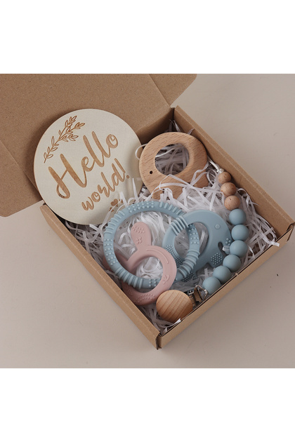blue set 2025 New 4pcs Baby Elephant and Bunny Teether Gift Set - Baby Silicone Pacifier Chain, Wood