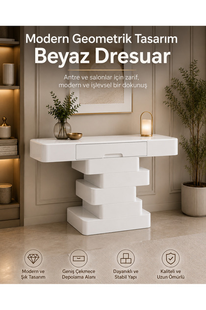 Modern Geometrik Tasarım Çekmeceli Beyaz Dresuar - Özel Tasarım Antre ve Salon Konsolu