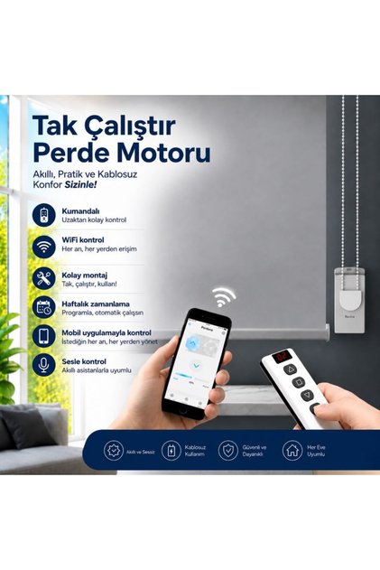 Akıllı Perde Motoru Kumandalı, Zaman Ayarlı, Wi-Fi, Tuya Uyumlu, Sesli Kontrol