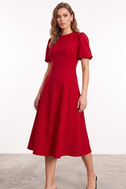 Crew Neck Balloon Sleeve Midi Length A-Line Dress